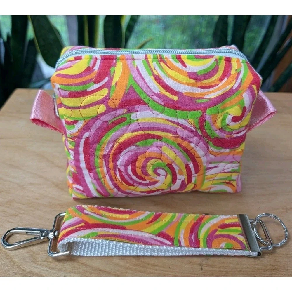 Embroidered MAKEUP Cosmetic Toiletry Pink Tye Dye Swirl + Matching Key Fob SET